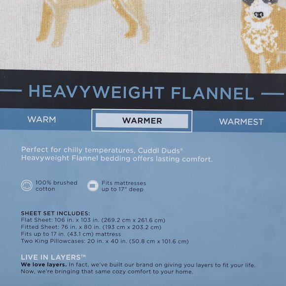 Cuddl Duds King Heavyweight Flannel Sheet Set Warmer Brushed Cotton Cozy Dog - Picture 7 of 8